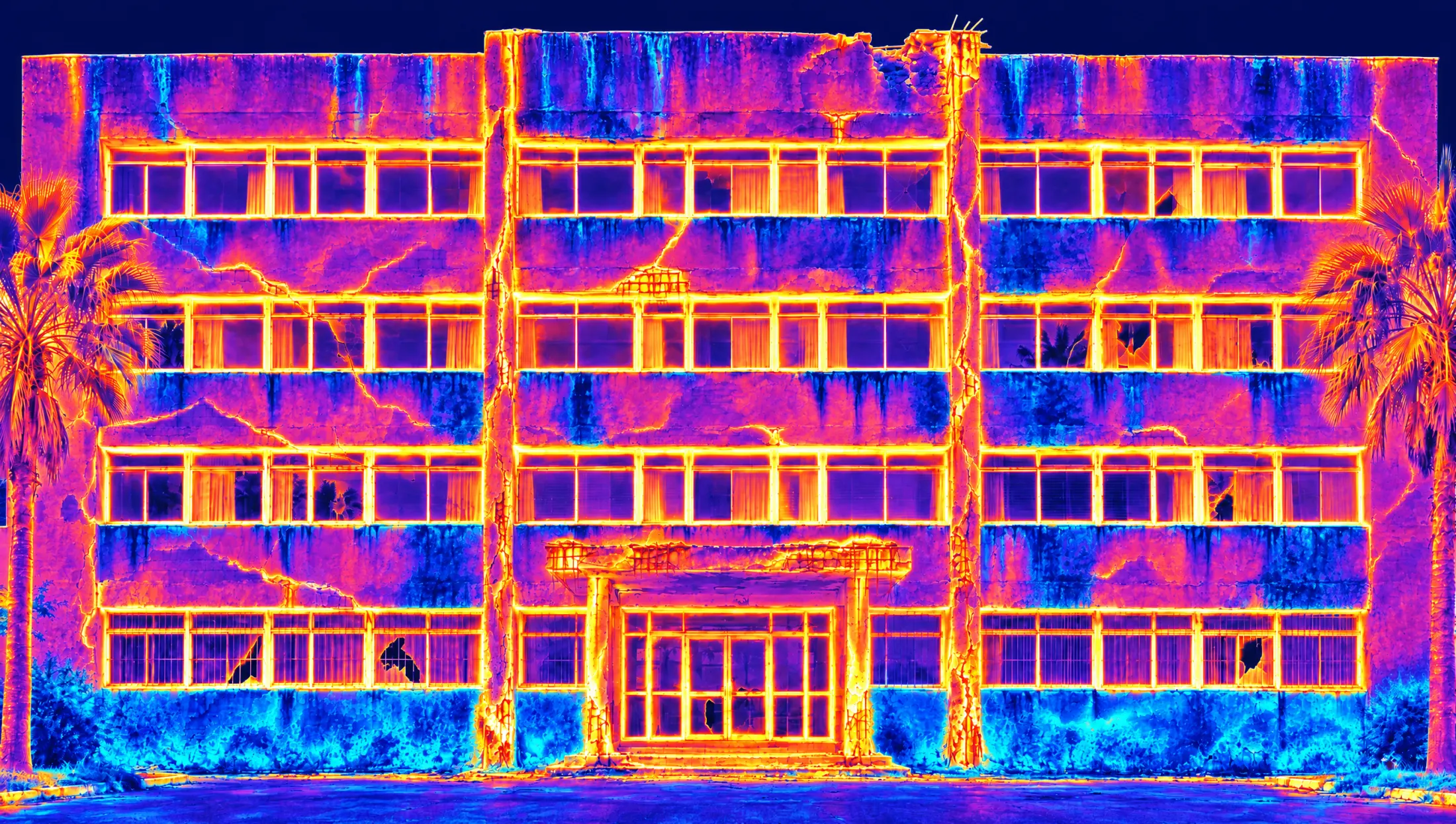 La même façade en thermographie infrarouge : les pertes de chaleur apparaissent en jaune et orange, les zones humides en bleu.
