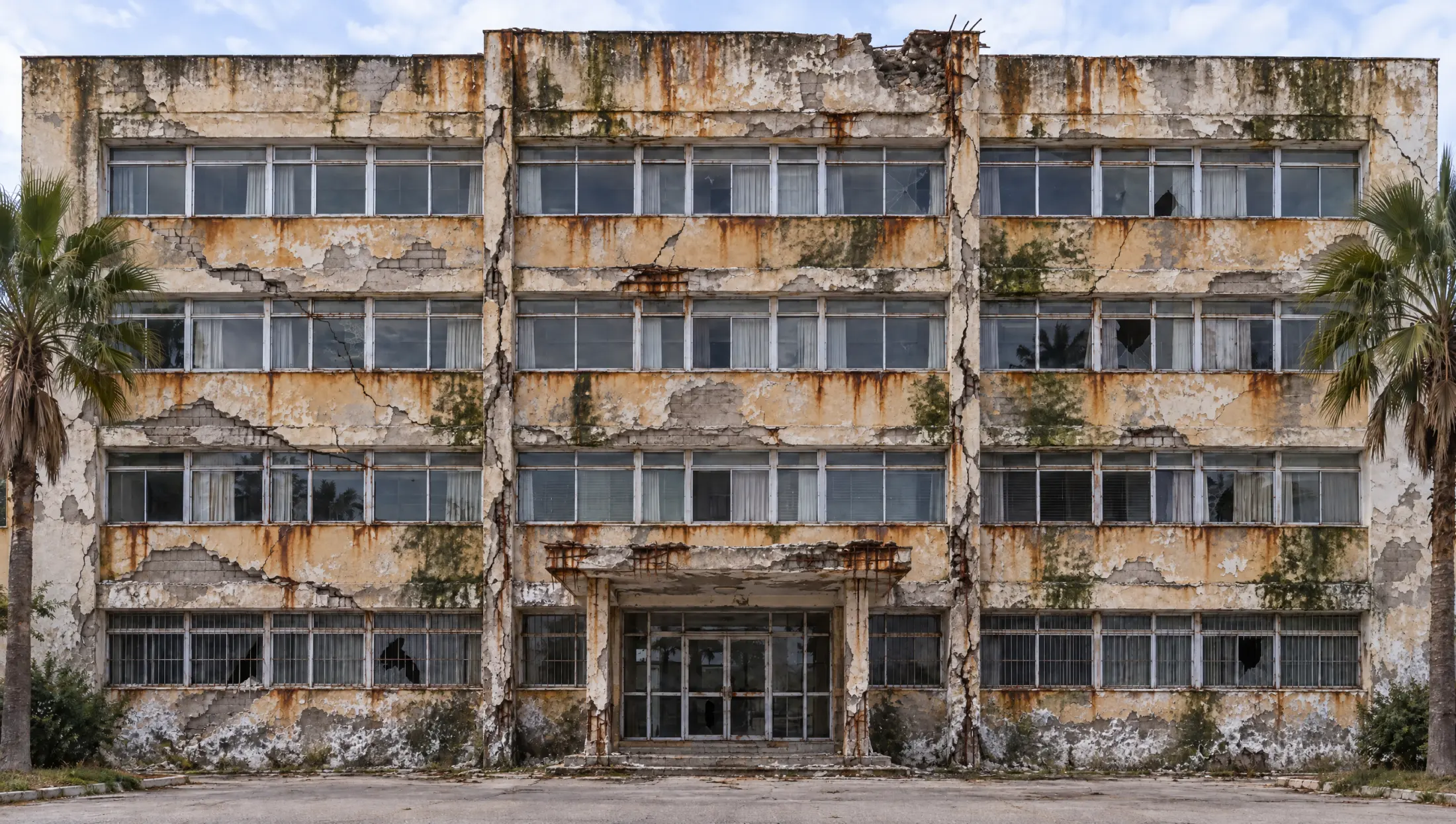 Façade d'un hôpital de quatre niveaux en très mauvais état : fissures profondes, béton éclaté, coulures d'eau, rouille, moisissures et base des murs rongée par l'humidité.