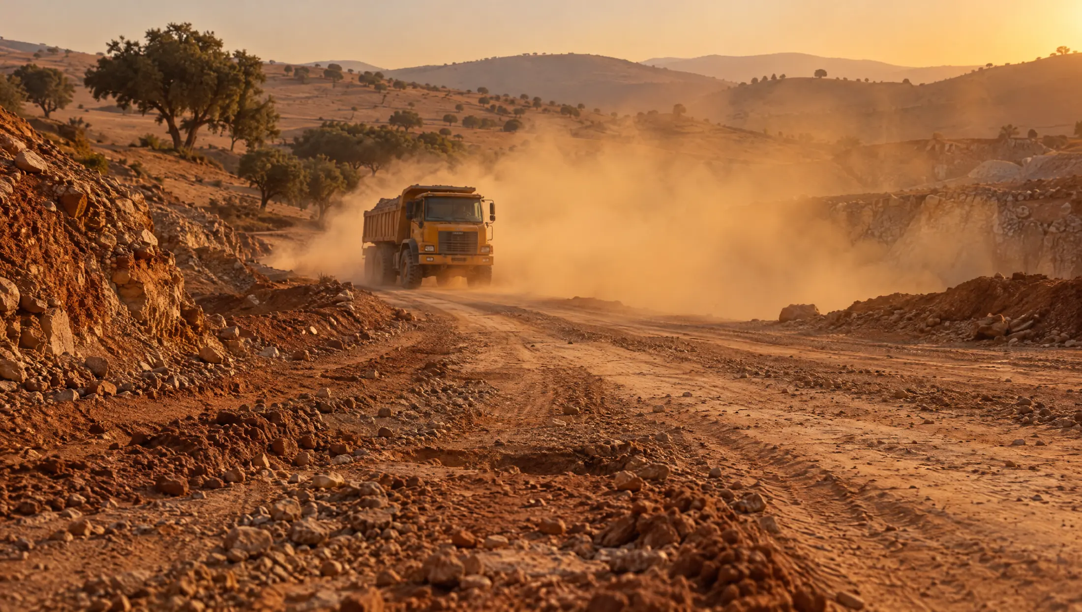Piste de chantier poussiéreuse, un camion soulève un nuage de poussière.